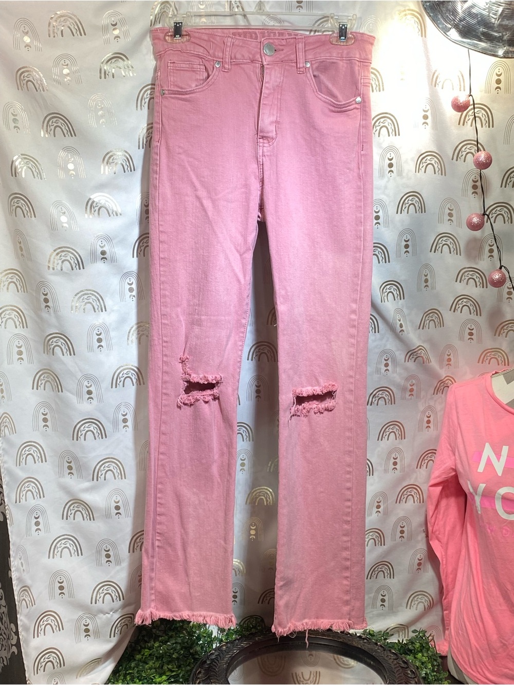 VIP Pink Distressed Wide-Leg Jeans